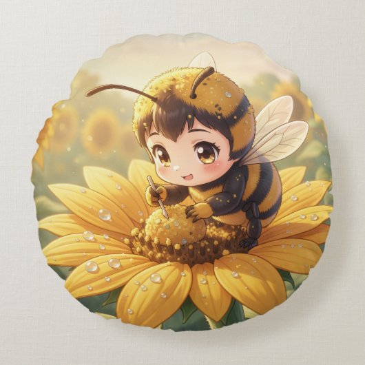 Golden Bumblebee in Bloom Dance.3 Rond Kussen (Voorkant)