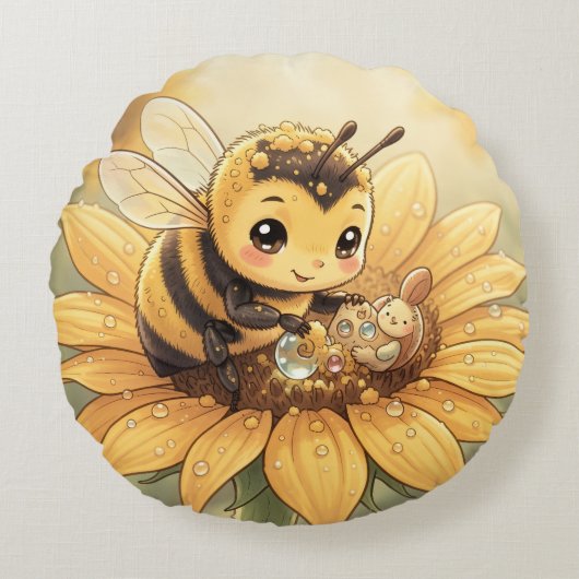 Golden Bumblebee in Bloom Dance.4 Rond Kussen (Voorkant)