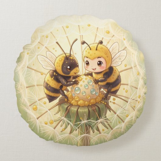 Golden Bumblebee in Bloom Dance.5 Rond Kussen (Voorkant)