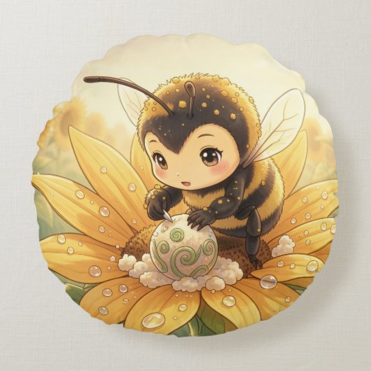 Golden Bumblebee in Bloom Dance.8 Rond Kussen (Voorkant)