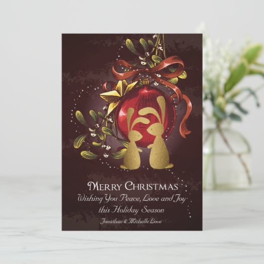 Golden Bunnies en Mistletoe Merry-kerstflat Feestdagenkaart (Staand voorkant)