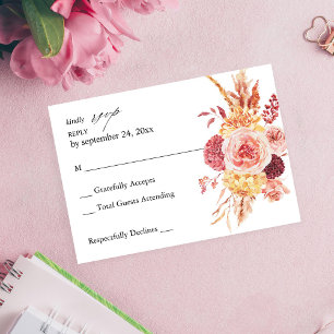 Golden Burgundy Blush Pink Floral no Meal RSVP Kaartje