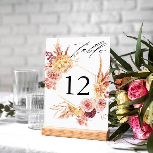Golden Burgundy & Blush Pink Floral Table Number Kaart