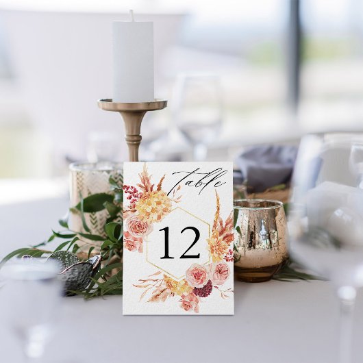 Golden Burgundy & Blush Pink Floral Table Number Kaart