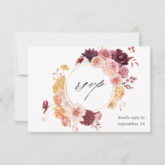 Golden Burgundy Blush Pink Floral w Meal RSVP Card (Voorkant)