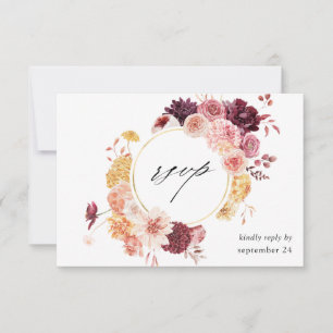 Golden Burgundy Blush Pink Floral w Meal RSVP Card Kaartje