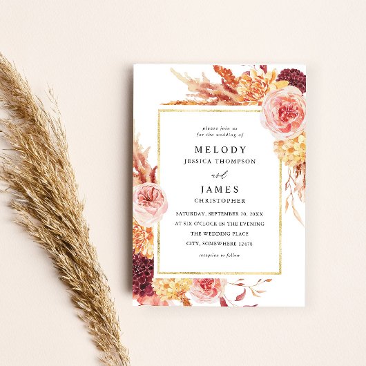 Golden Burgundy en Blush Pink Floral Wedding 2 Kaart