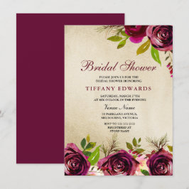 Golden Burgundy Floral Bridal Shower Kaart