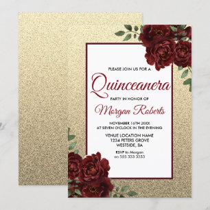 Golden Burgundy Red Rose Quinceanera Invite Kaart