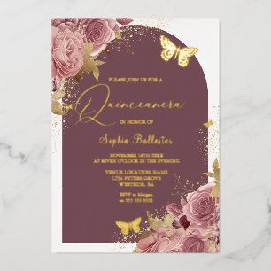 Golden Butterflies Blush Floral Quinceanera Gold Folie Uitnodiging