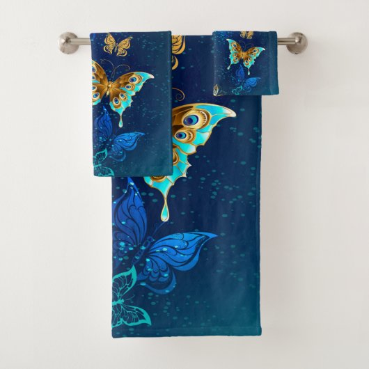 Golden Butterflies op een blauwe achtergrond Bad Handdoek (Insitu)
