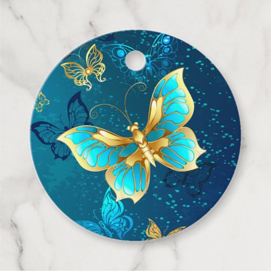Golden Butterflies op een blauwe achtergrond Bedankjes Labels (Voorkant)