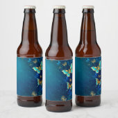 Golden Butterflies op een blauwe achtergrond Bier Etiket (Flessen)