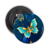 Golden Butterflies op een blauwe achtergrond Button Flesopener (Voorkant)
