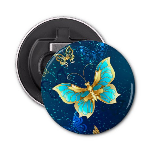 Golden Butterflies op een blauwe achtergrond Button Flesopener (Voorkant)