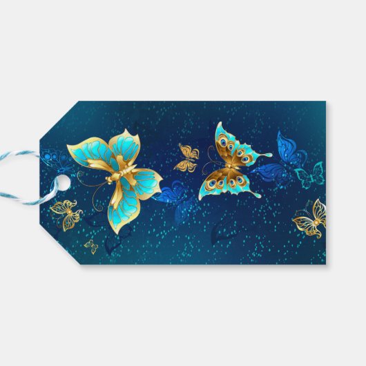 Golden Butterflies op een blauwe achtergrond Cadeaulabel (Achterkant Horizontaal)