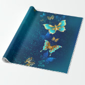 Golden Butterflies op een blauwe achtergrond Cadeaupapier (Uitgerold)