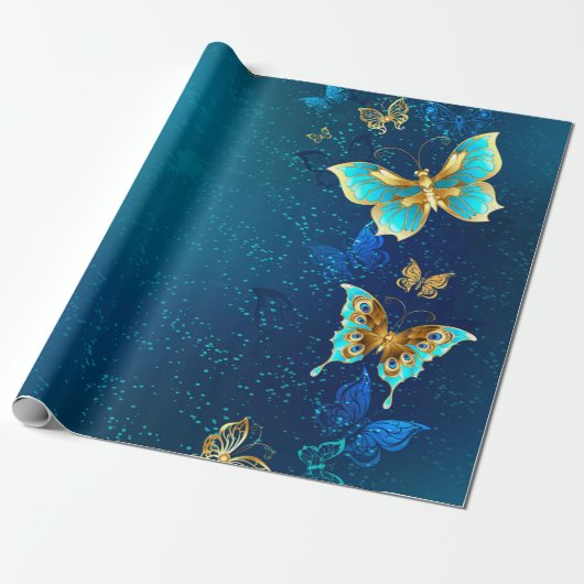 Golden Butterflies op een blauwe achtergrond Cadeaupapier (Uitgerold)