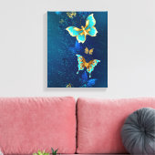 Golden Butterflies op een blauwe achtergrond Canvas Afdruk (Insitu (Woonkamer))