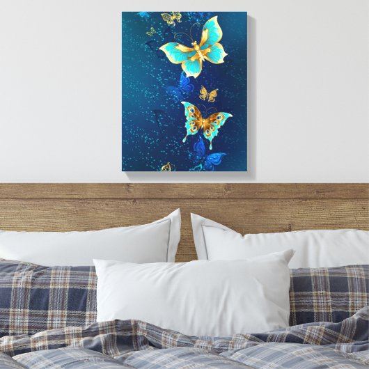 Golden Butterflies op een blauwe achtergrond Canvas Afdruk (Insitu (Slaapkamer))
