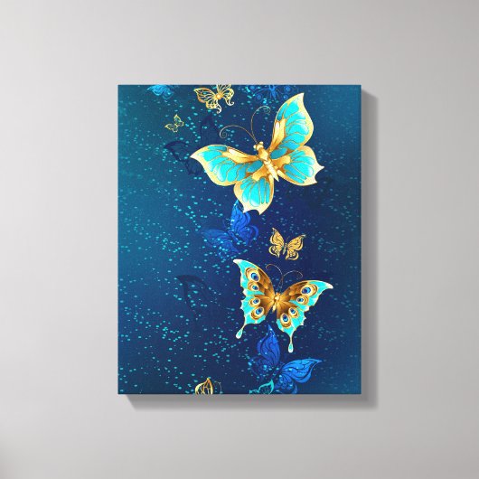 Golden Butterflies op een blauwe achtergrond Canvas Afdruk (Voorkant)