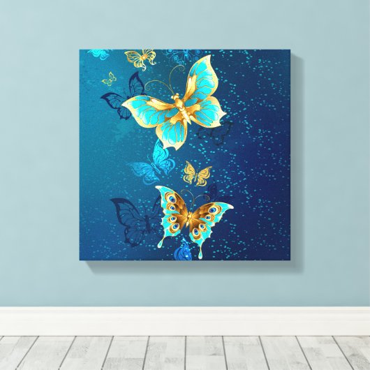 Golden Butterflies op een blauwe achtergrond Canvas Afdruk (Insitu (Houten vloer))