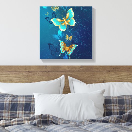 Golden Butterflies op een blauwe achtergrond Canvas Afdruk (Insitu (Slaapkamer))