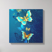 Golden Butterflies op een blauwe achtergrond Canvas Afdruk (Voorkant)