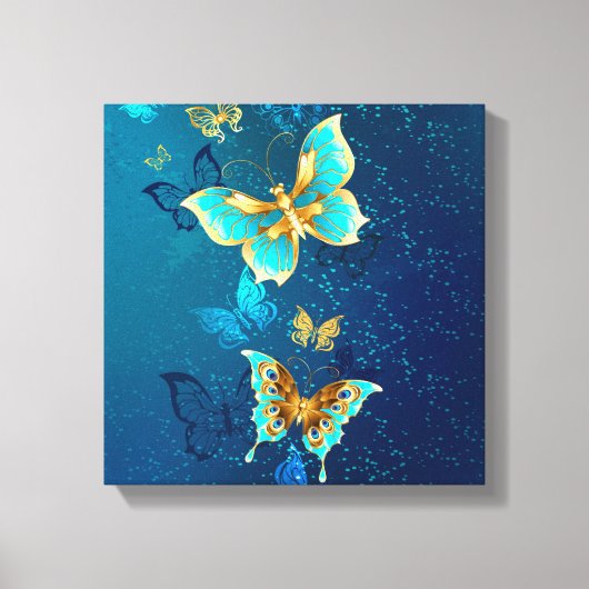 Golden Butterflies op een blauwe achtergrond Canvas Afdruk (Voorkant)