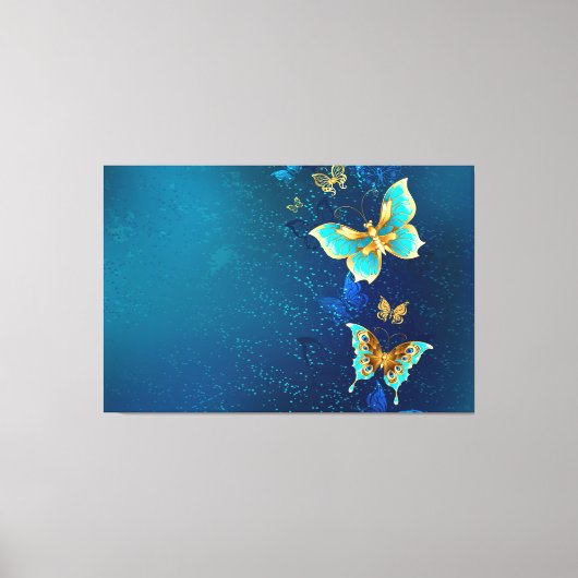 Golden Butterflies op een blauwe achtergrond Canvas Afdruk (Voorkant)