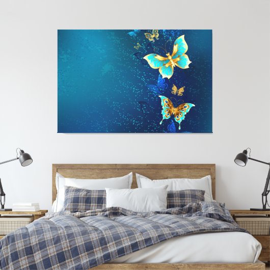 Golden Butterflies op een blauwe achtergrond Canvas Afdruk (Insitu (Slaapkamer))