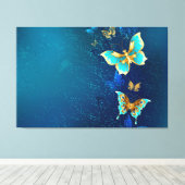 Golden Butterflies op een blauwe achtergrond Canvas Afdruk (Insitu (Houten vloer))