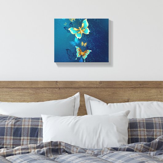 Golden Butterflies op een blauwe achtergrond Canvas Afdruk (Insitu (Slaapkamer))
