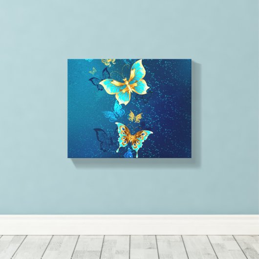 Golden Butterflies op een blauwe achtergrond Canvas Afdruk (Insitu (Houten vloer))