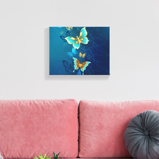 Golden Butterflies op een blauwe achtergrond Canvas Afdruk (Insitu (Woonkamer))
