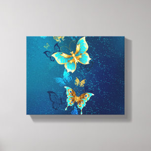 Golden Butterflies op een blauwe achtergrond Canvas Afdruk