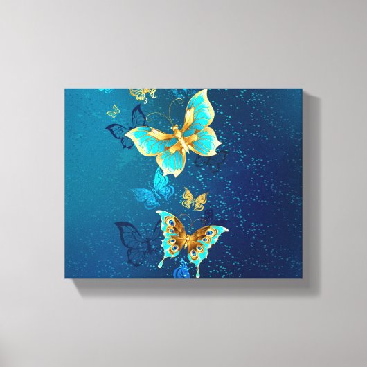 Golden Butterflies op een blauwe achtergrond Canvas Afdruk (Voorkant)