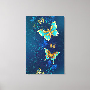 Golden Butterflies op een blauwe achtergrond Canvas Afdruk
