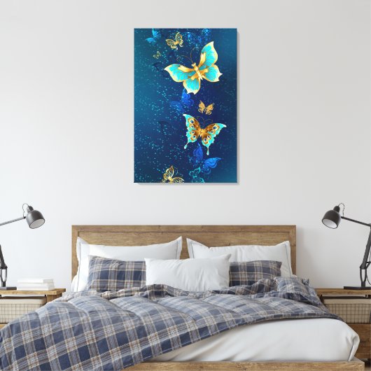 Golden Butterflies op een blauwe achtergrond Canvas Afdruk (Insitu (Slaapkamer))