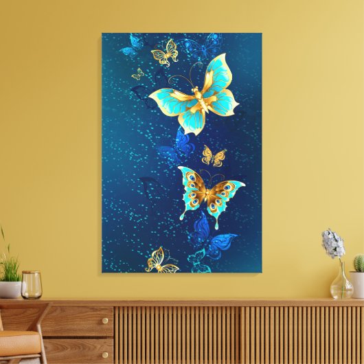 Golden Butterflies op een blauwe achtergrond Canvas Afdruk (Insitu (Woonkamer))