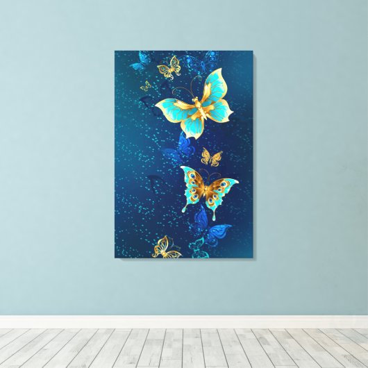Golden Butterflies op een blauwe achtergrond Canvas Afdruk (Insitu (Houten vloer))