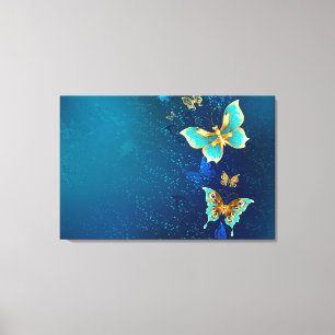 Golden Butterflies op een blauwe achtergrond Canvas Afdruk
