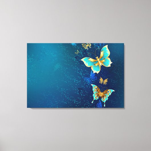 Golden Butterflies op een blauwe achtergrond Canvas Afdruk (Voorkant)