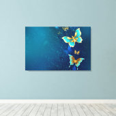 Golden Butterflies op een blauwe achtergrond Canvas Afdruk (Insitu (Houten vloer))