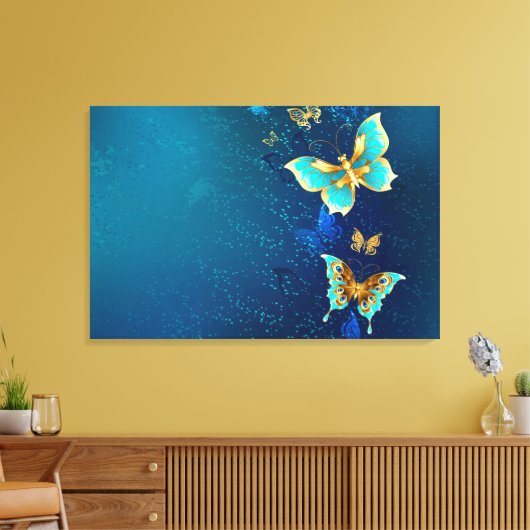 Golden Butterflies op een blauwe achtergrond Canvas Afdruk (Insitu (Woonkamer))