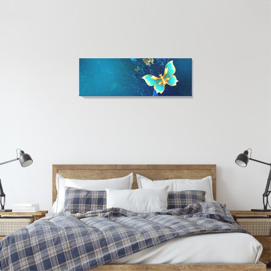 Golden Butterflies op een blauwe achtergrond Canvas Afdruk (Insitu (Slaapkamer))