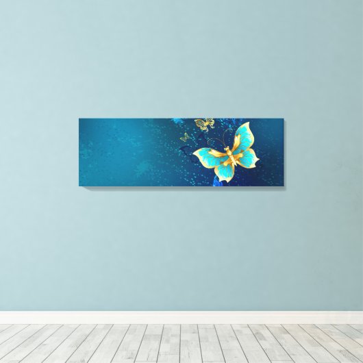 Golden Butterflies op een blauwe achtergrond Canvas Afdruk (Insitu (Houten vloer))