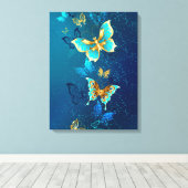 Golden Butterflies op een blauwe achtergrond Canvas Afdruk (Insitu (Houten vloer))
