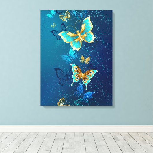 Golden Butterflies op een blauwe achtergrond Canvas Afdruk (Insitu (Houten vloer))