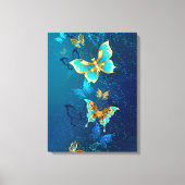 Golden Butterflies op een blauwe achtergrond Canvas Afdruk (Voorkant)